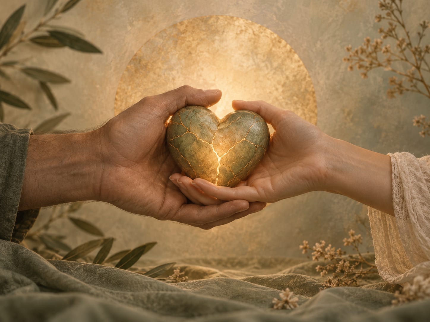 Two hands holding a glowing, mended heart — a symbol of relationship healing